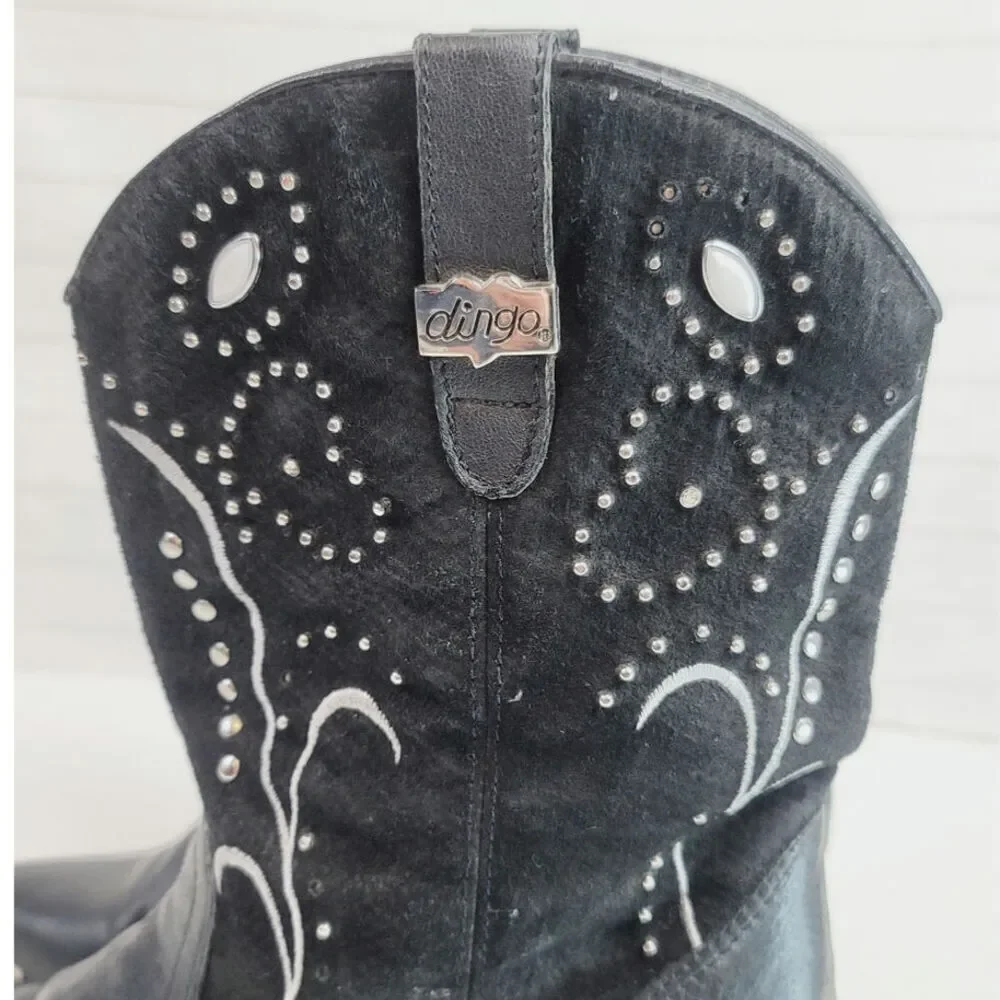 Dingo Ava Studded Western Heeled Boots in Black Suede, sz 10